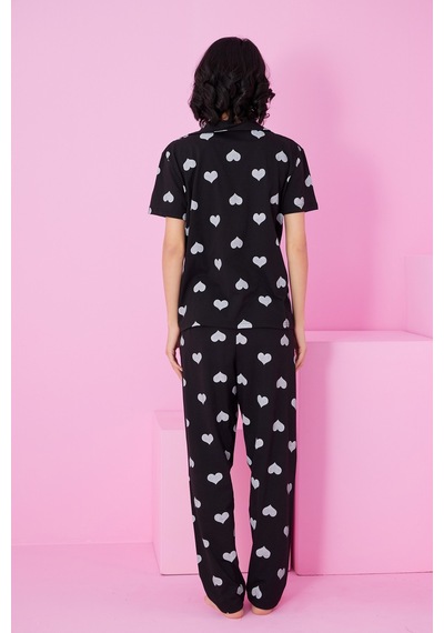 Siyah İnci Gömlek Yaka Düğmeli Örme Pijama Takım Siyah Beyaz Kalp