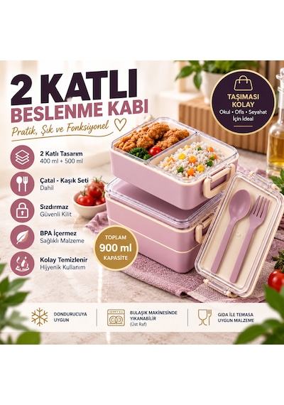 2 Katlı Bölmeli Sefer Tası / Beslenme Kabı 900ml - Kaşık Çatal Setli, Sızdırmaz Ve Bpa İçermez Pembe