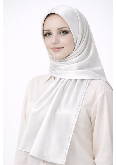 Mim Eşarp Mısırlı Eşarpları Taşlı Jan Jan Abiye Şal 75x190 Cm Beyaz