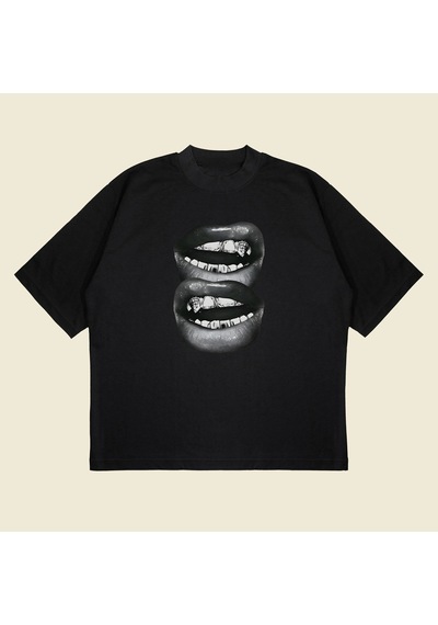 Tarzsokak Grillz Teeth Baskılı Oversize Unisex Pamuklu Nefes Alan Kalın Kumaşlı Siyah