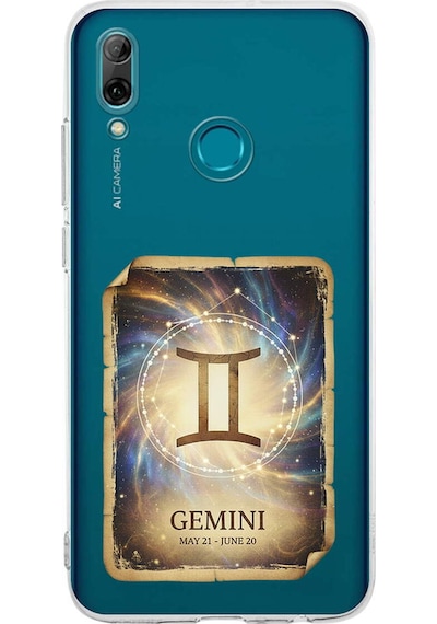 Huawei P Smart 2019 İle Uyumlu Burç Kartları İkizler Tasarımlı Şeffaf Silikon Kılıf Şeffaf