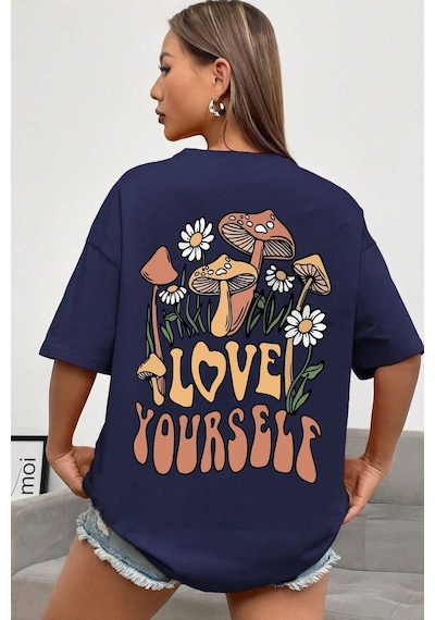 Unisex Love Yourself Sırt Baskılı Tasarım T-shirt Lacivert