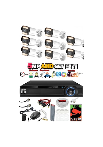 J-tech 5mp 7070 Renkli Gece Görüşlü 8 Li Akıllı Güvenlik Kamera Seti Yüz Ve Araç Tanıma