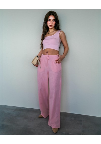 Madmext Pembe Beli Büzgülü Wide Leg Kumaş Pantolon Mg1950 Pembe