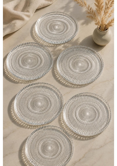 6'lı Cam Pasta Ve Tatlı Servis Tabağı Seti 16 Cm Desenli Şeffaf Sunum Tabağı
