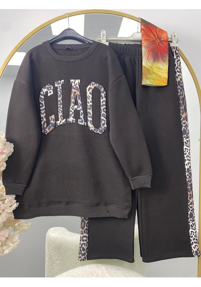 Lovie Moda Kadın Leopar Yazılı Eşofman Takımı Kahverengi