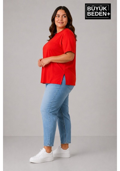 Superlife Büyük Beden Kadın Bisiklet Yaka Yırtmaç Detaylı 3xl-6xl Tunik Tişört Spr26btsk501 Kırmızı