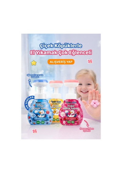 Doğal Çocuk Köpük El Sabunu 350 Ml X 3 Çilek+orman Meyveli+muz Kokulu Vegan Parabensiz Çiçek Şekilli Pembe Köpük