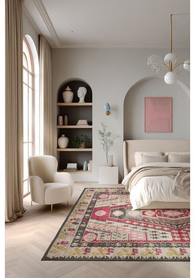Mihrimah 502 Renkli Etnik Halı Vintage Halı Yıkanabilir İnce Dokuma Salon Ev Oturma Odası Halısı
