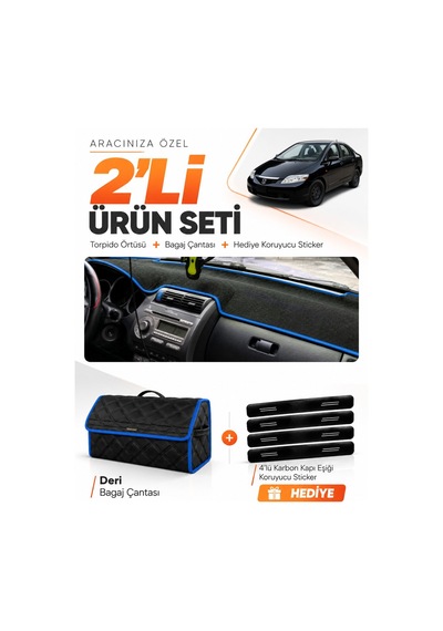 Honda Cıty 2002-2007 Uyumlu Torpido Örtüsü + Deri Bagaj Çantası + Sticker Seti - Siyah Mavi