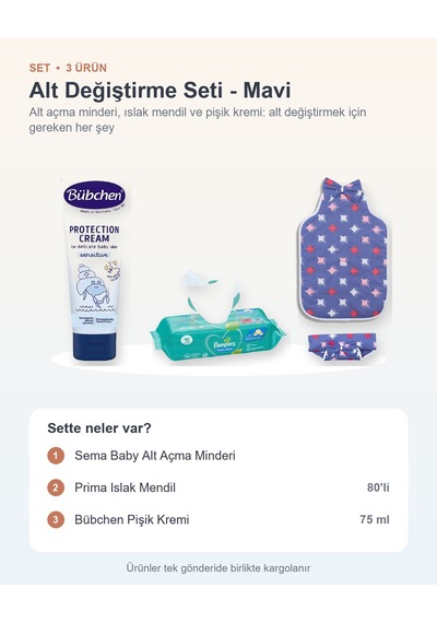 Alt Değiştirme Seti 3 Parça: Sema Baby Alt Açma Minderi + Prima Islak Mendil + Pişik Kremi - Mavi
