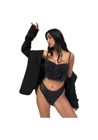 Onsekiz18shop Destekli Pırıltılı Taşlı Siyah Büstiyer Takım