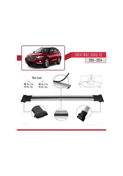 Great Wall Haval H2 2015 Ve Sonrası İle Uyumlu Fly Model Ara Atkı Tavan Barı Gri 3 Adet Bar