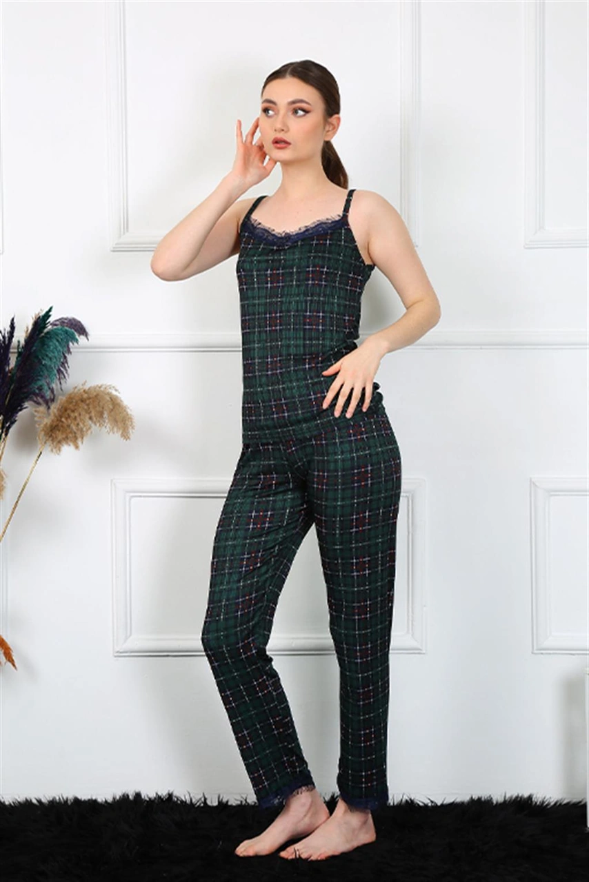 Akbeniz Kadın İp Askılı Yeşil Ekoseli Pijama Takım 4135 Yeşil