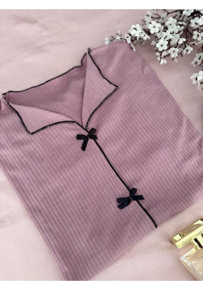 Mh Moony Homewears 2'li Kurdele Detaylı Gül Kurusu Penye Pijama Takımı GÜL KURUSU