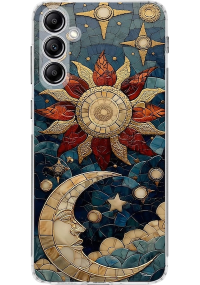 Printify Samsung Galaxy A14 İle Uyumlu Vitray Sol Ve Luna Tasarımlı Şeffaf Silikon Kılıf Şeffaf