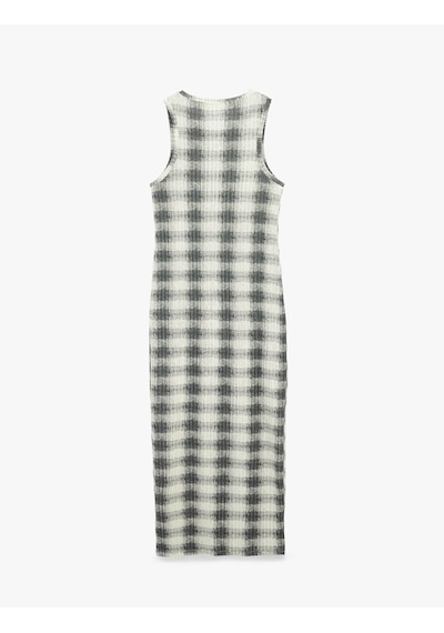 Koton Slim Fit Bisiklet Yaka Midi Boy Ekose Bodycon Elbise Altın Çizgili 6sak80061uk