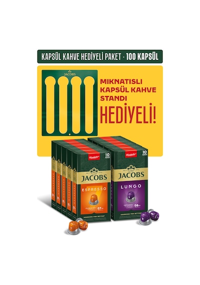 Jacobs Nespresso Uyumlu Kapsül Hediye Seti Espresso 7 Classico & Lungo 8 Intenso 100 Adet