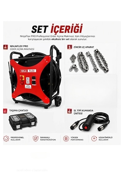Ninjaflex Pro Profesyonel Gider Açma Makinesi 20 Metre Otomatik Tamburlu 1400 Watt El Kumandalı