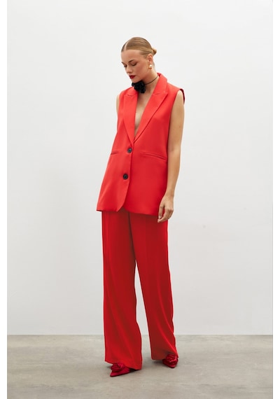 Sateen Pile Detaylı Salaş Pantolon - Kırmızı