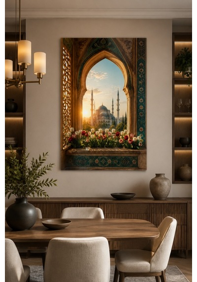 Osmanlı Cami Penceresi Baskılı Cam Tablo Manevi Mimari Duvar Dekoru