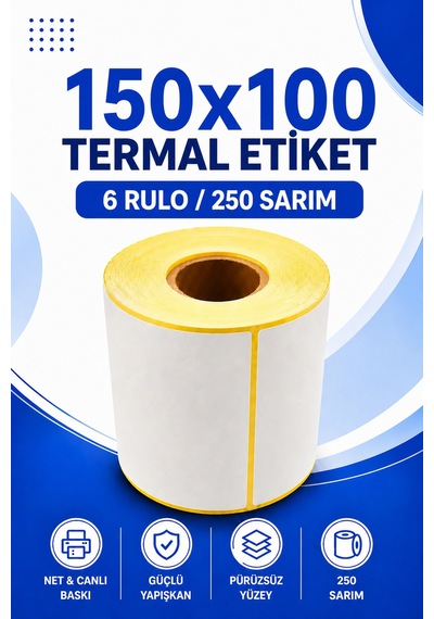 150x100mm Termal Etiket 6 Rulo 250 Sarım Ribonsuz Kargo, Lojistik, Depo Yapışkanlı 1