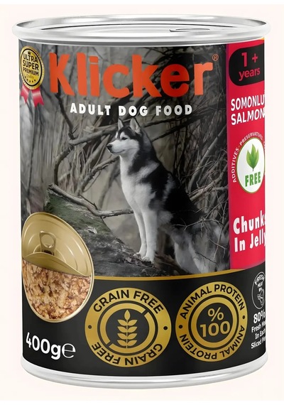 Klıcker 12 Adet Jöleli Parça Etli Yetişkin Köpek Konserve Yaş Maması Somonlu 400 Gr