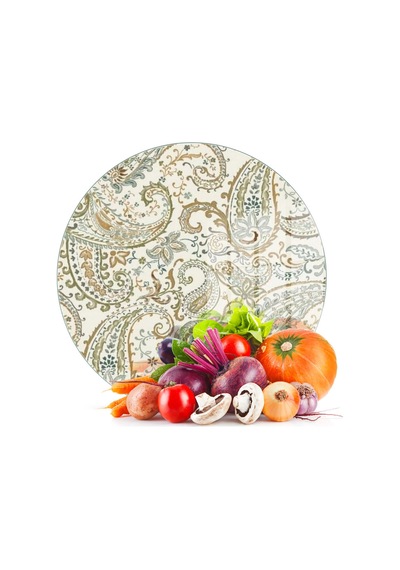 Decovetro Cam Kesme Tahtası Ve Sunumluk Yuvarlak Şal Desenli 30 X 30 Cm Çok Renkli
