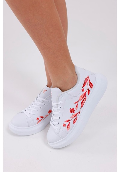 3d Dijital Baskı Kadın Beyaz- Fuşya Desenli Sneaker Beyaz-fuşya