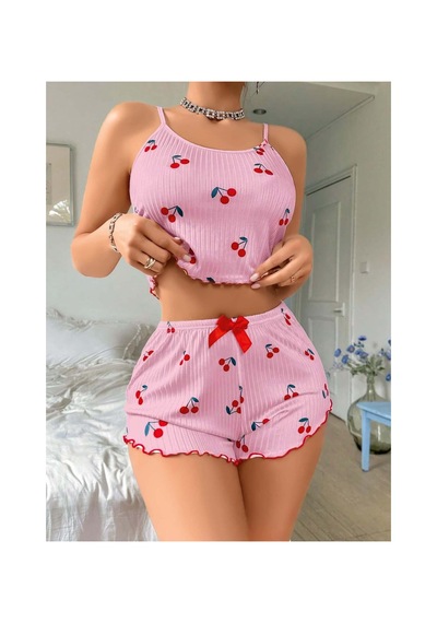 Ruselin Kadın Kiraz Desenli Askılı Şortlu Pijama Takım-pembe-l/xl - 9027466738125