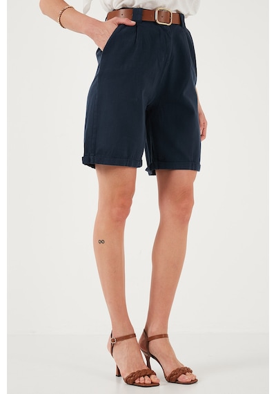 Lela Pamuklu Relaxed Fit Yüksel Bel Kemerli Gabardin Short Bayan Şort 668Yp4710 Lacivert