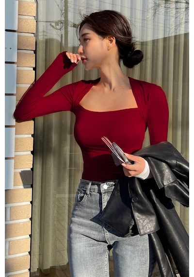 Kadın Kuğu Yaka Uzun Kollu Slim Bluz Bordo