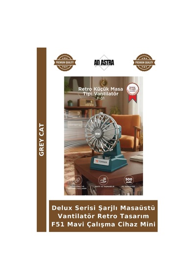 Delux Serisi Şarjlı Masaüstü Vantilatör Retro Tasarım F51 Mavi Çalışma Cihaz Mini