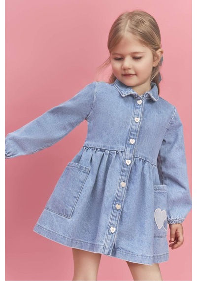 Defacto Uzun Kollu Jean Elbise Kız Bebek H0372a526smnm39 Mavi-nm39