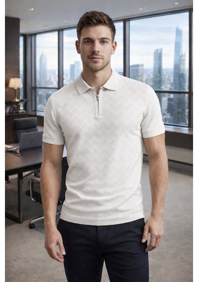 Erkek Slim Fit Fermuarlı Polo Yaka Triko Tişört Bordo