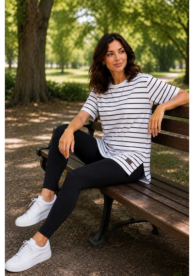 Tenra Kadın Beyaz Çizgili Oversize Kısa Kol Basic Tunik Tişört Siyah