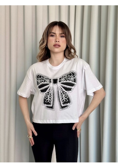Oversize Beyaz Baskılı Crop Tişört Beyaz