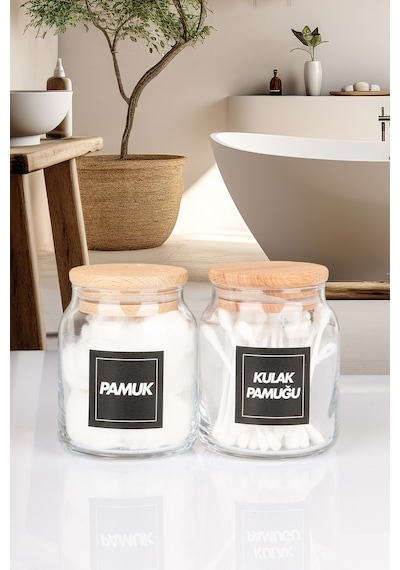 4'lü Ahşap Vakumlu Kapaklı Kulak Pamuğu Makyaj Pamuğu Diş İpi Ve Pamuk Kavanozu 300 Ml Şeffaf