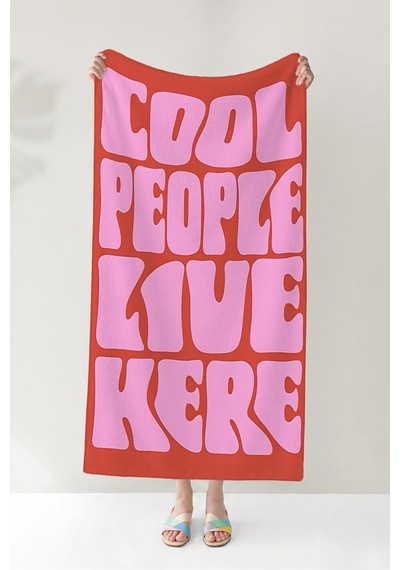 Cool Yazı Temalı Retro Tipografik Plaj Havlusu - Bohem Pembe Kırmızı Hızlı Kuruyan Mikrofiber Havlu Dalgın Ada