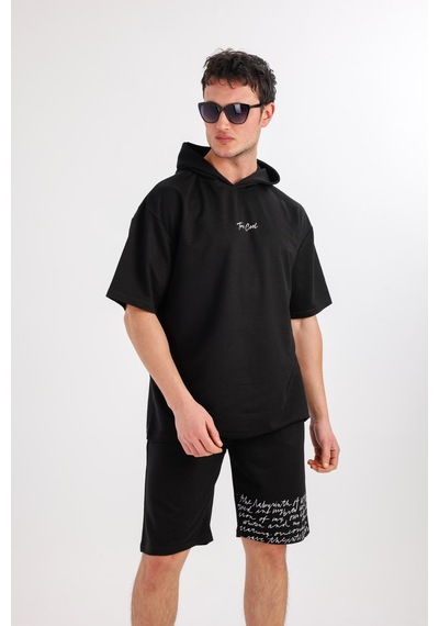 Oceano Kapüşonlu Sweatshirt & Şort Takım - Siyah Siyah