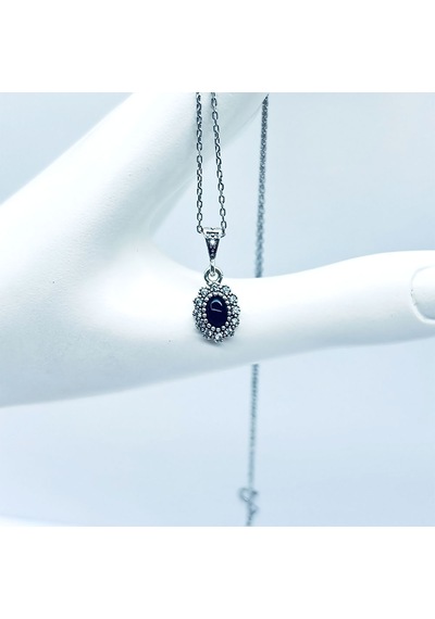 Oval Mini Boy Zirkon Ve Oltu Taşı İşçilikli 925 Ayar Gümüş Kolye Siyah