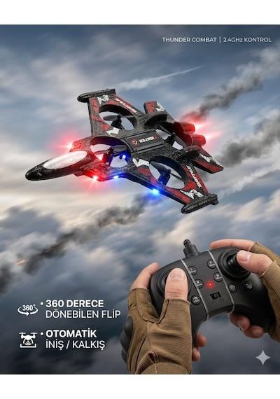 Uzaktan Kumandalı Uçak Dron Thunder Combat Kırmızı 2.4ghz 360 Derece Dönebilen Led Işıklı Otom