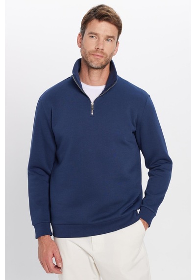 Tudors Unisex Relax Fit Rahat Kesim Pamuklu İçi Polarlı Yarım Fermuarlı Lacivert Dik Yaka Sweatshirt-31450 Lacivert