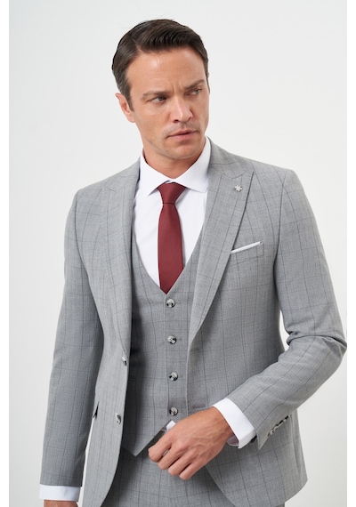 Morven Erkek Gri Poliviskon Trend Yelekli Ekoseli Slim Fit Sivri Yaka Takım Elbise Gri
