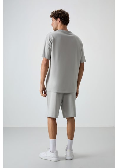 Taş Pamuklu Kalın Yumuşak Dokulu Oversize Fit Nakışlı Erkek Şort Takım - 85250