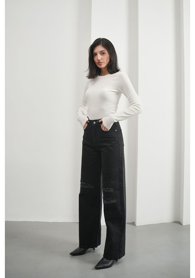 HLT Jeans Kadın Siyah Yırtıklı Wide Leg Yüksek Bel %100 Pamuk Jean Kot Pantolon Jessica-2038