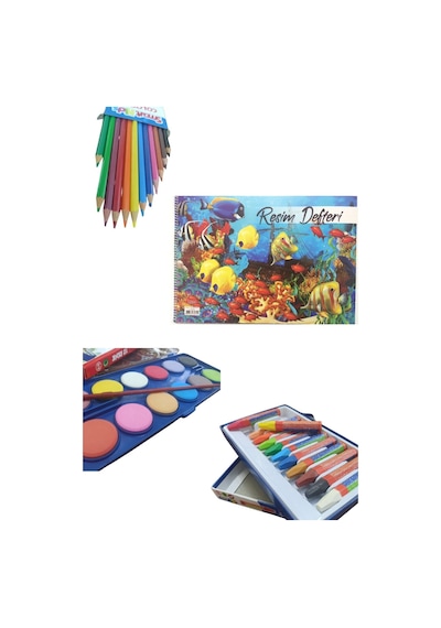 Resim Defteri, 12li Sulu Boya, 12li Pastel Boya, 12li Kuru Boya Öğrenci Resim Seti Çok Renkli