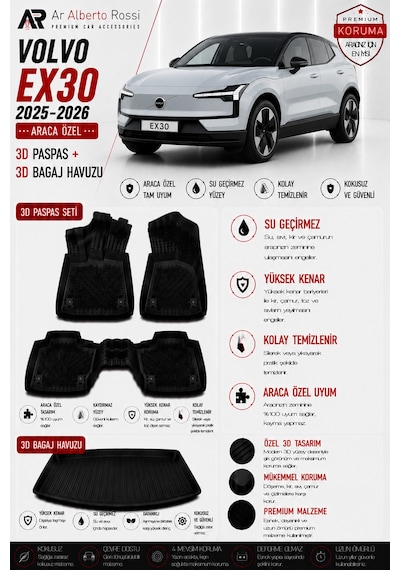 Volvo Ex30 2025-2026 Araca Özel 3d Paspas + 3d Bagaj Havuzu
