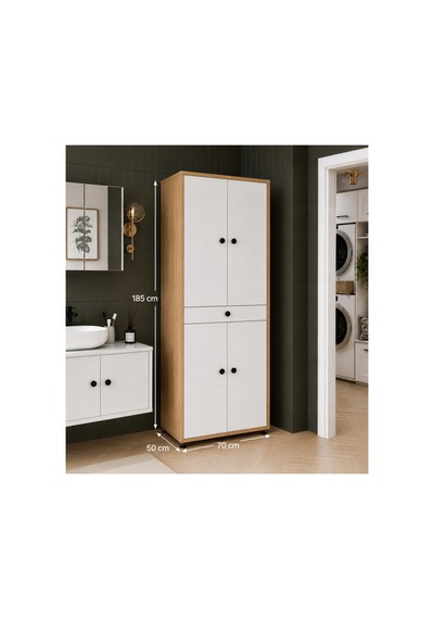 Ahşap Detaylı Banyo Dolabı Beyaz