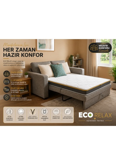 Eco Relax 10 Cm Sünger Yatak Yer Yatağı, Misafir Yatağı Ve Ranza Uyumlu Fermuarlı Yıkanabilir Kılıf 24 Dns Orta Sert Sünger Tek Kişilik